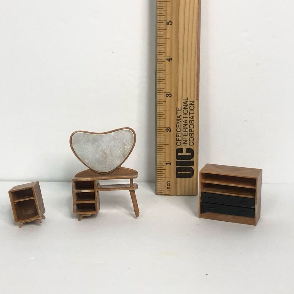 vtg dollhouse furniture blue box toy brown bedroom‎ furniture made in hong kong